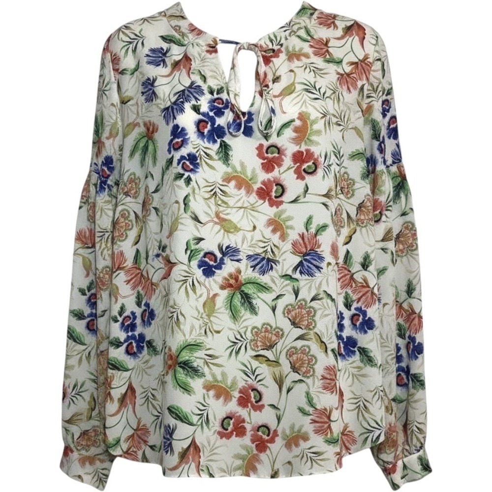 Rose Olive Colorful Floral Peasant Blouse Womens L Boho Pleated Sleeve Tie Neck